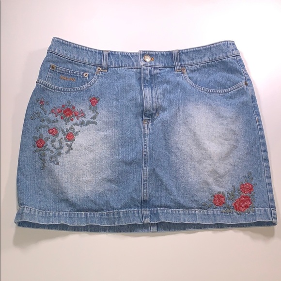 Vintage RALPH Ralph Lauren Denim Mini Skirt CrossStitch Floral Embroidery 10 Y2K - Picture 2 of 14